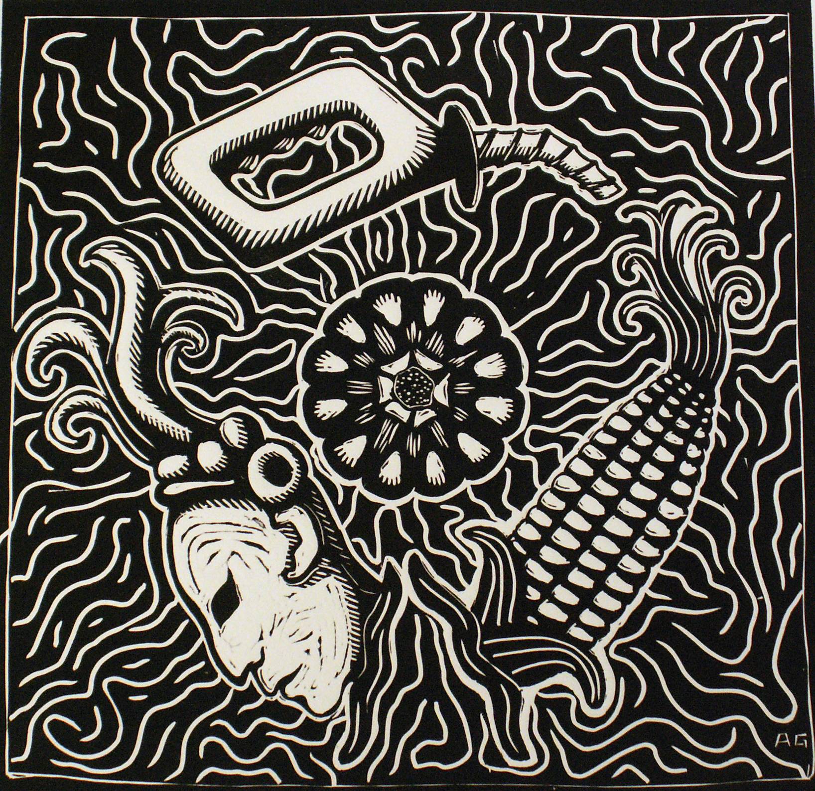 linocut print of an ear of corn, a gas pump handle, and an indigenous mask
